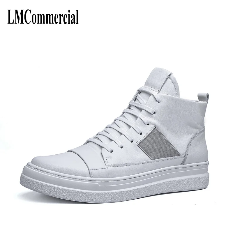

White high top men's winter British casual shoes All match cowhide breathable sneaker fashion boots men Leisure boots men