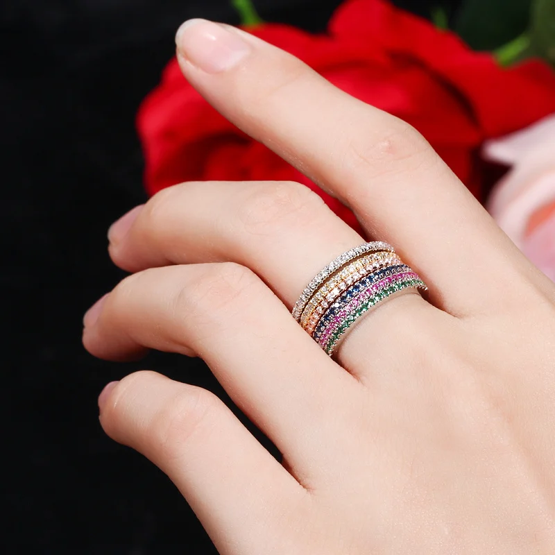 CWWZircons 3 шт. Смешанные цвета женские камни CZ, обручальные кольца, набор из 3 предметов, розовое золото, модное кольцо известного бренда, ювелирные изделия R093