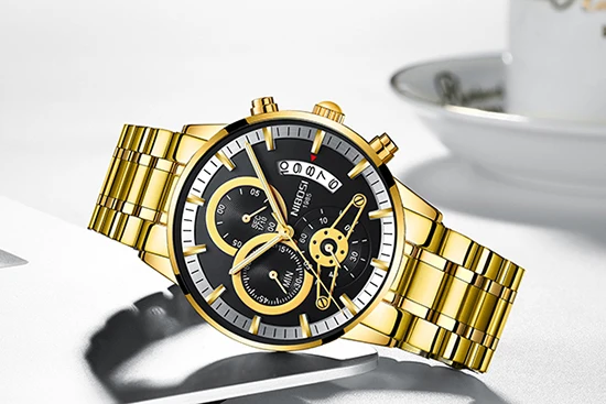 Relogio Masculino NIBOSI, роскошные Брендовые мужские часы, спортивные часы из нержавеющей стали, мужские золотые часы, Лидирующий бренд, деловые часы - Цвет: Gold Black S