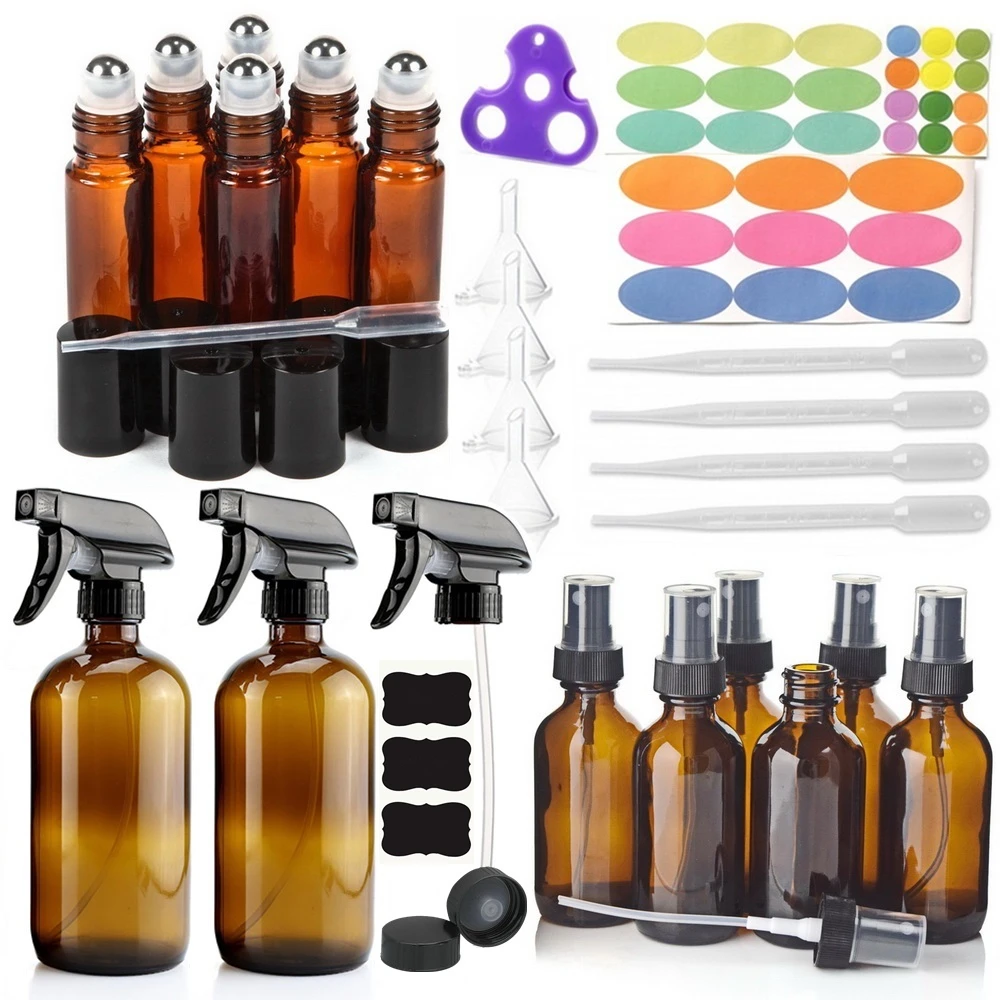 14 Pack Empty Brown Glass Spray Bottle w/ 6-10ml Roll on Bottle 6-60ml & 2-500ml Sprayer Bottle for Essential oil Cleaning Amber decanter brush cleaning glass bottle cleaner vase spherical flexible goblet