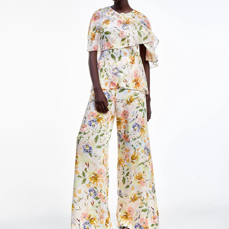 

Summer two piece set top and pants casual women clothes 2019 printing 2 piece set women wide leg pants set