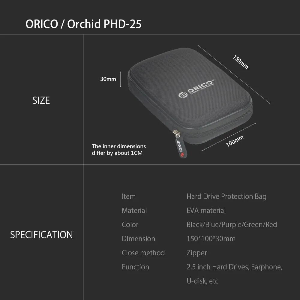 ORICO Black EVA 2,5 дюймов мобильный жесткий диск игра HDD& SSD сумка с кабелем хранения пакет игровой кабель Чехол для зарядного устройства samsung WD