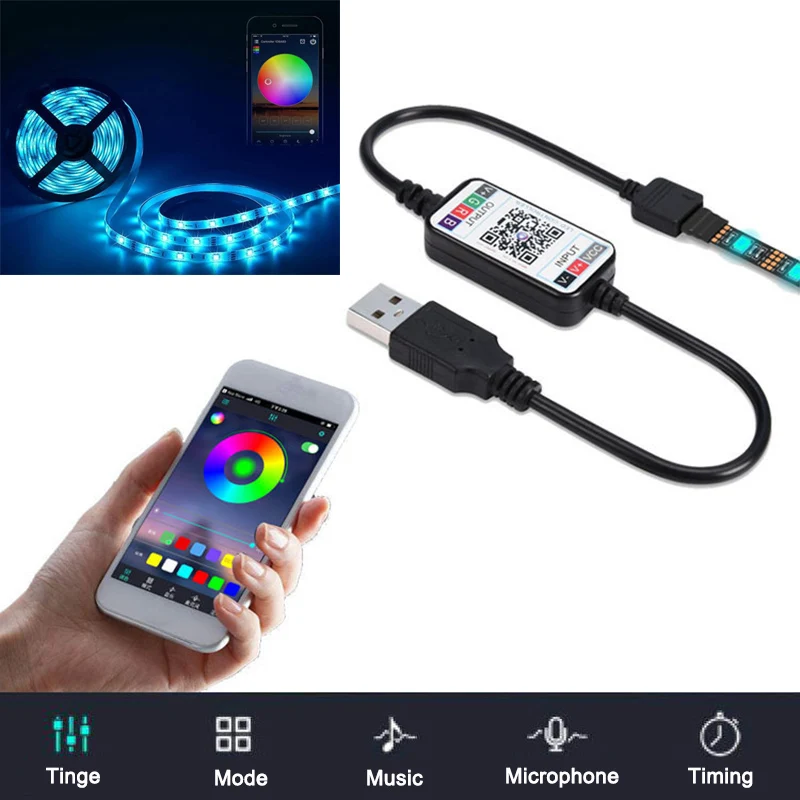 Горячий мини беспроводной RGB светодиодный светильник, контроллер 5-24 В, управление смартфоном, USB кабель, Bluetooth 4,0, домашний декор, светодиодный светильник, комплект ламп