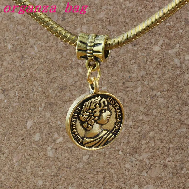 

50pcs/lot Dangle Antiqued gold Elizabeth II Charms Big Hole Beads Fit European Charm Bracelet Jewelry 15.8x30.5mm A-371a
