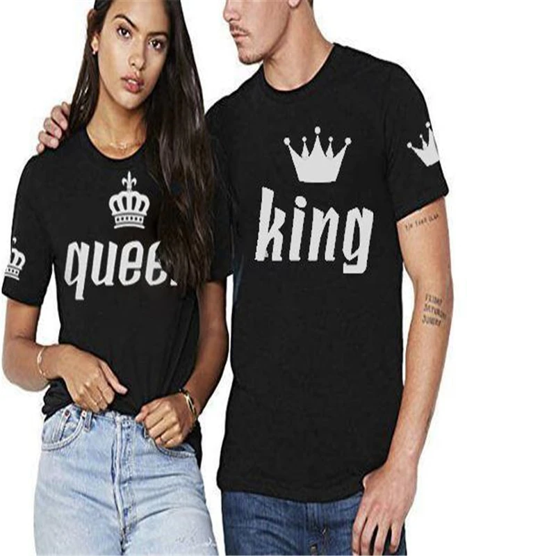 

King Queen Couple T Shirt Imperial Crown Printing Couple Clothes Lovers Vogue T Shirt Women Summer 2019 Casual O-neck Tops