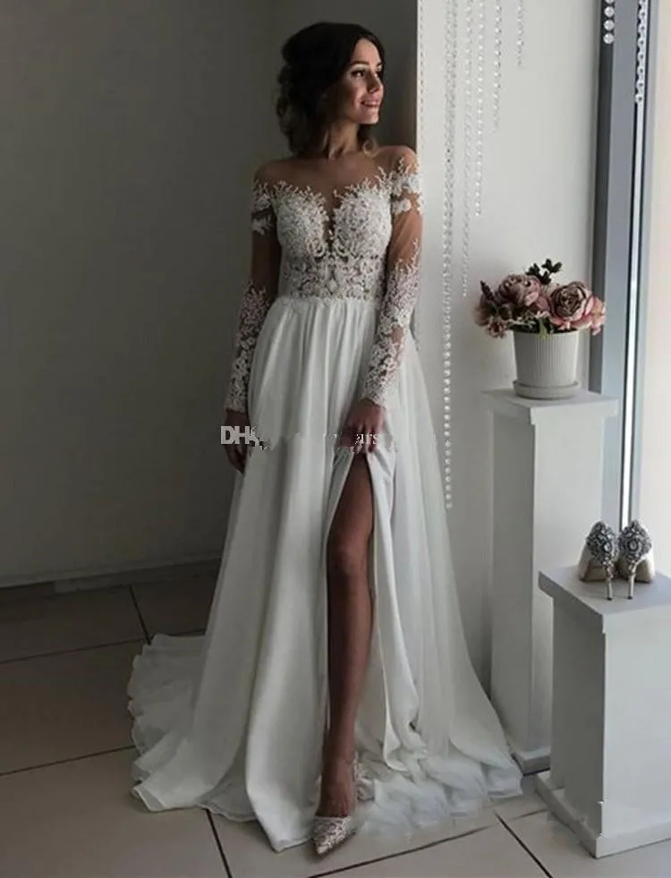 sexy-long-sleeves-wedding-dresses-sheer-neck-illusion-bodice-appliques-chiffon-slit-boho-bridal-dresses-beach-wedding-gowns-with-split (1)_
