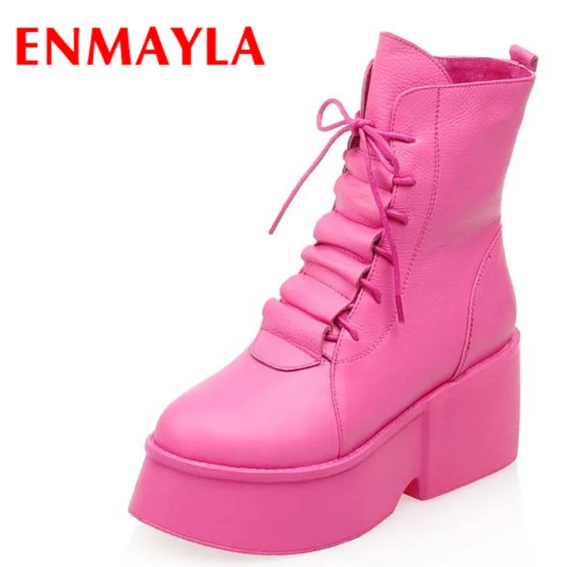 

ENMAYLA Candy Colors Zipper Wedges Ankle Boots Women Lace-up High-top Shoes Woman Martin Boots Fashion 7.5cm Motorcycle Boots