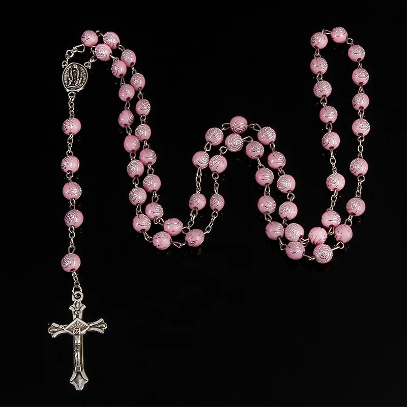 Catholic Heart Shaped Plastic Bead Rosary Necklace With Maria Center