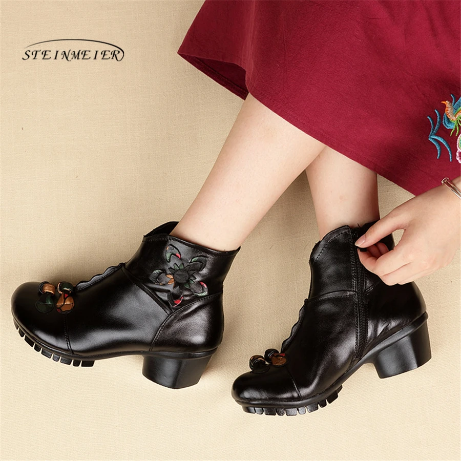 

Women winter short boots warm genuine leather black thick heel soft zipper mom boots fur snow boots woman shoes