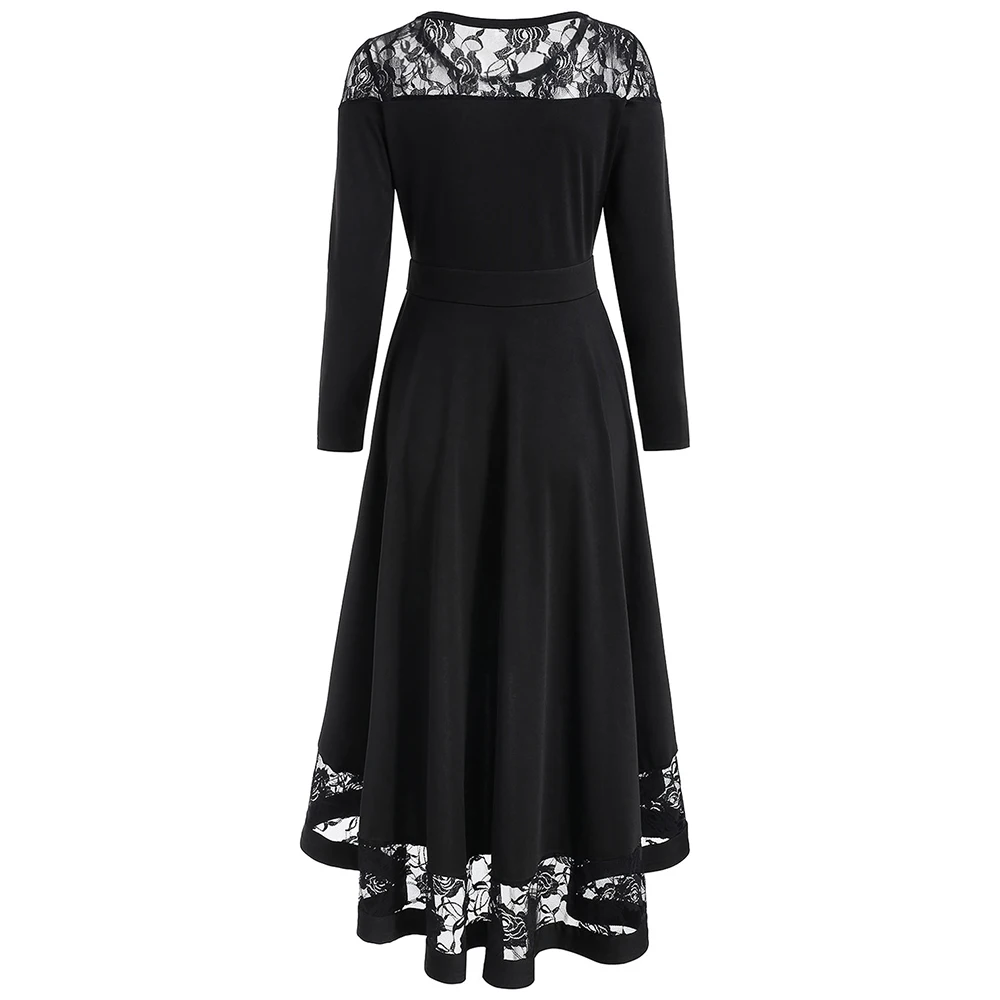 VESTLINDA Lace Dress Women O Neck Long Sleeve Dress 2018 Autumn A Line High Waist Midi Vestidos Solid Black Casual Ladies Dress 11