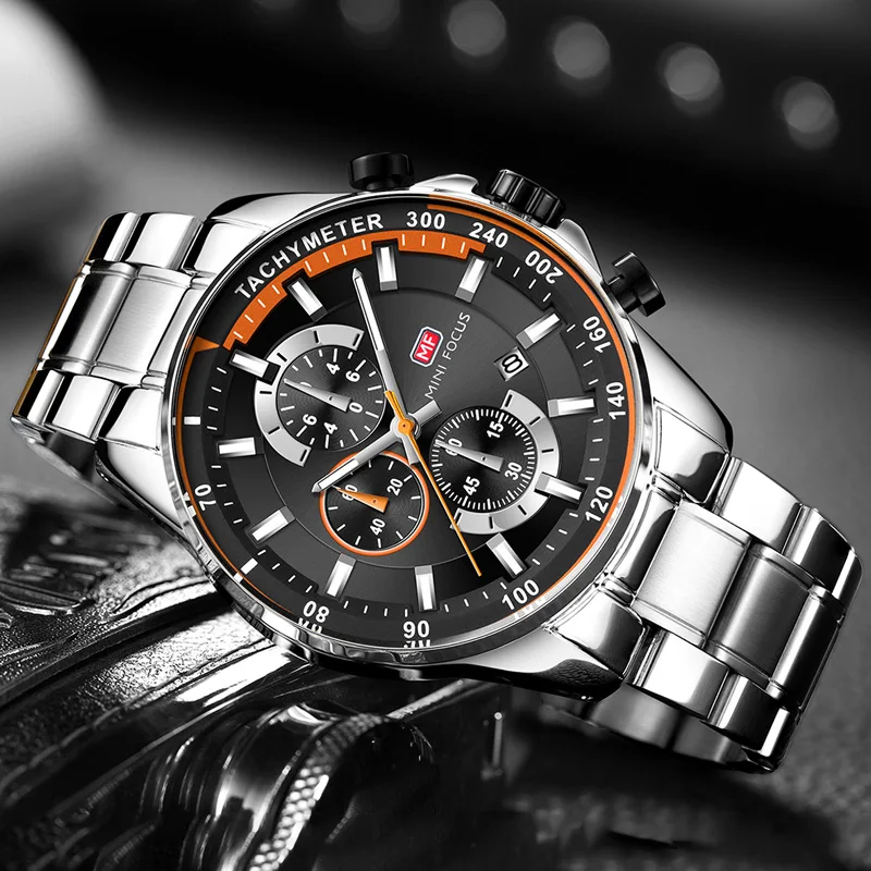 Najtaniej MINI FOCUS męski strój biznesowy zegarki ze stali nierdzewnej luksusowy wodoodporny chronograf zegarek kwarcowy mężczyzna srebrny 0218G. 03