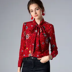 100% шелк лук леопардовый Блузка с длинными рукавами Новинка 2019 года для женщин сезон: весна-лето рубашки для мальчиков