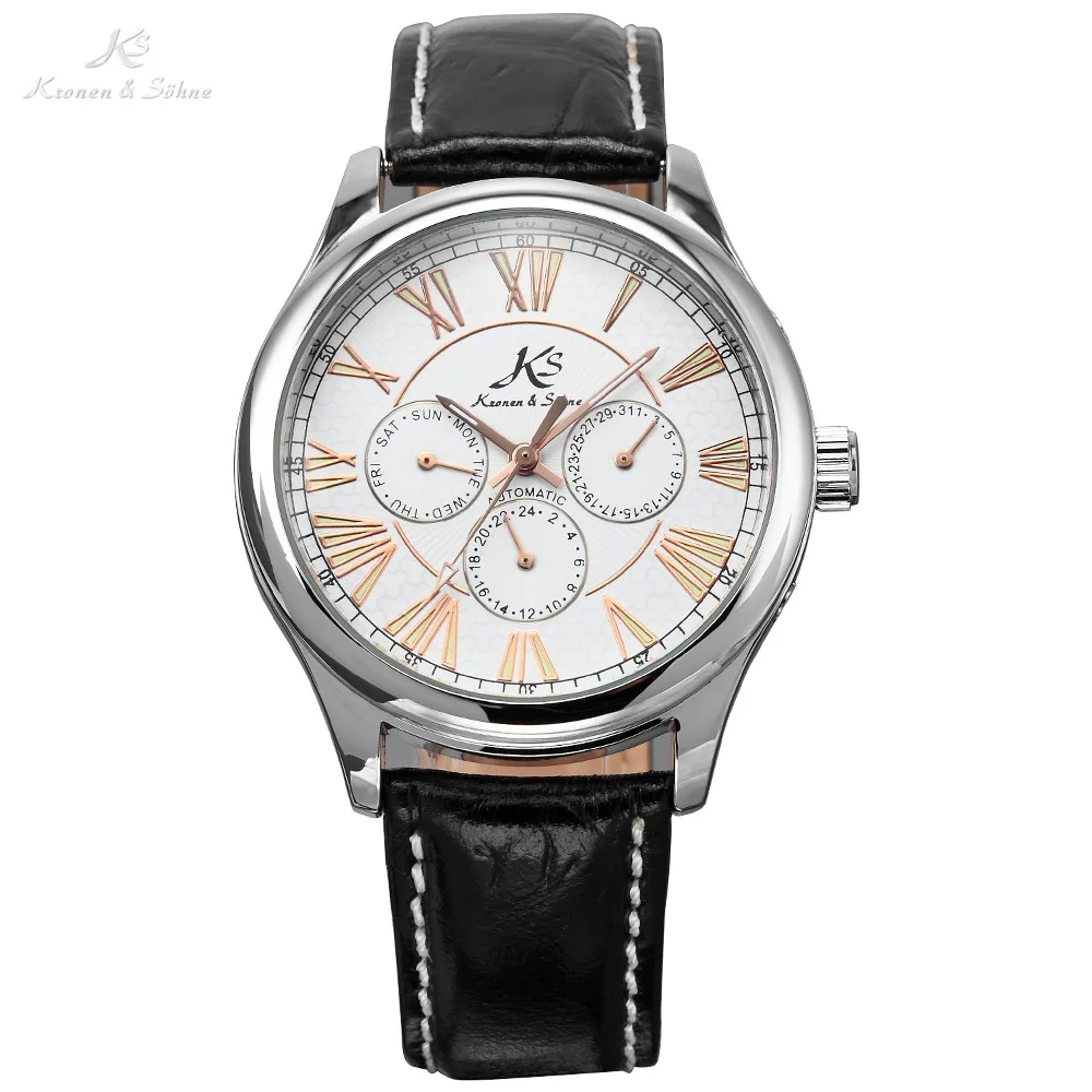KS Roman Silver Steel Case 6 Hands Date Day Automatic Winding Mechanical Leather Band Analog Mens Wrist Dress Wrist Watch /KS085 KS Roman Silver Steel Case 6 Hands Date Day Automatic Winding Mechanical Leather Band Analog Mens Wrist Dress Wrist Watch /KS085