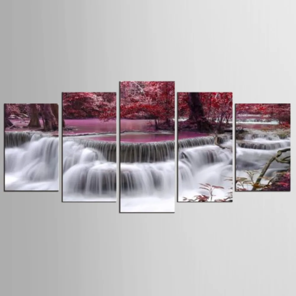 

5 Panels Wall Art Canvas Landscape Paintings Red Maple Leaf Forest Wall Decora For Decor Waterfall Artwork Wall Picture