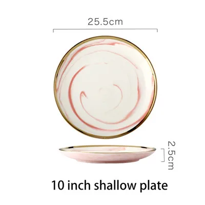 10inch Shallow Plate Нордическая Пномпень мраморная керамическая посуда наборы креативная розовая Бытовая Суповая тарелка богатая чаша для лапши вилка, ложка, посуда - Цвет: 10inch Shallow Plate