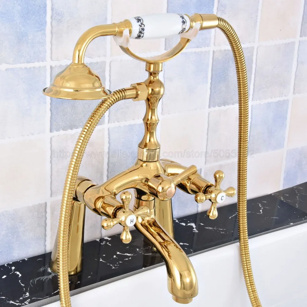 Bathroom Gold Color Brass Clawfoot Bath Tub Faucet w/Hand Shower Deck Mounted Dual Handles Mixer Tap ztf776 antique red copper brass dual cross handles bathroom kitchen basin sink faucet mixer tap swivel spout deck mounted mnf621