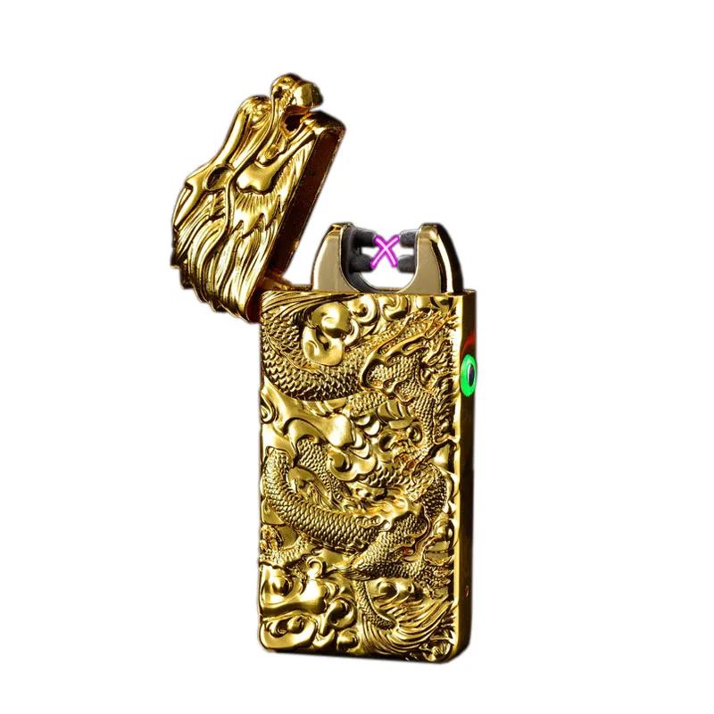 China Style Dragon Design Double Arc Electronic Lighter USB Charging Lighters Zinc Alloy Shell