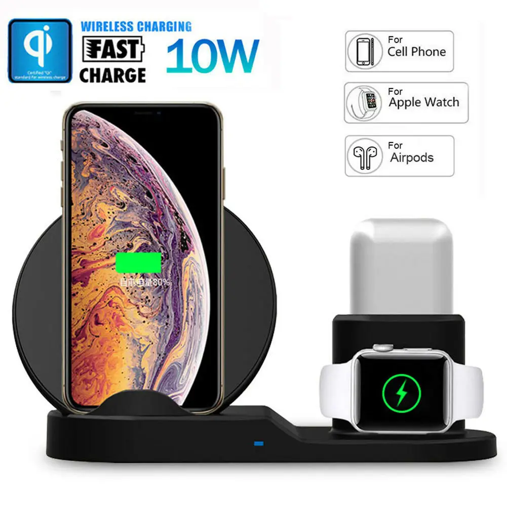 

3in1 Qi Wireless Fast Charger Dock Stand For Airpods Apple Watch 4 3 iPhone 8 X XS Max XR 10W Quick Charge For Samsung S9 S8 S7