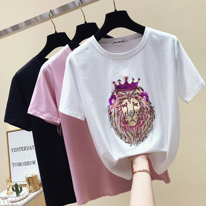 

Vintage 2019 Brand Women's T-shirt Cotton Summer Fashionable Lion Embroidery White Short-sleeve Female Pink Shirt M-2XL