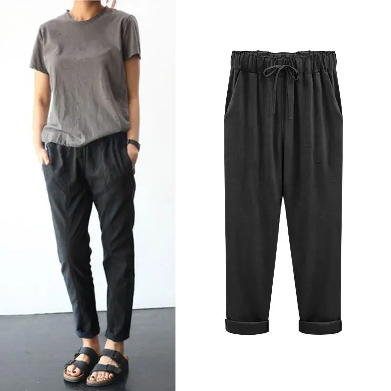 

Woman Spring Autumn Femme Cotton Linen Lace Up Nine Minutes Of Pants Long Trousers Loose Plus Size Fashion Elastic Waist Mid W