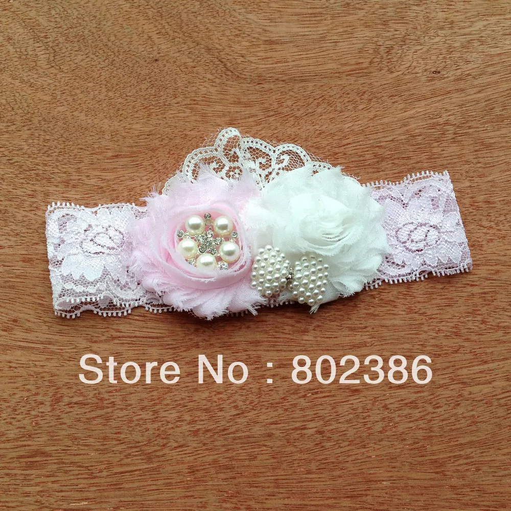 

Free shipping 10pcs per lot pink and white Shabby Chic flower head bands with pear bow
