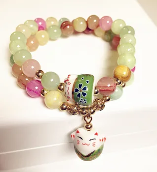 

Lucky cat design multi-layer natural stone bracelet women Summer style fashion jewelry gift candy color pink purple