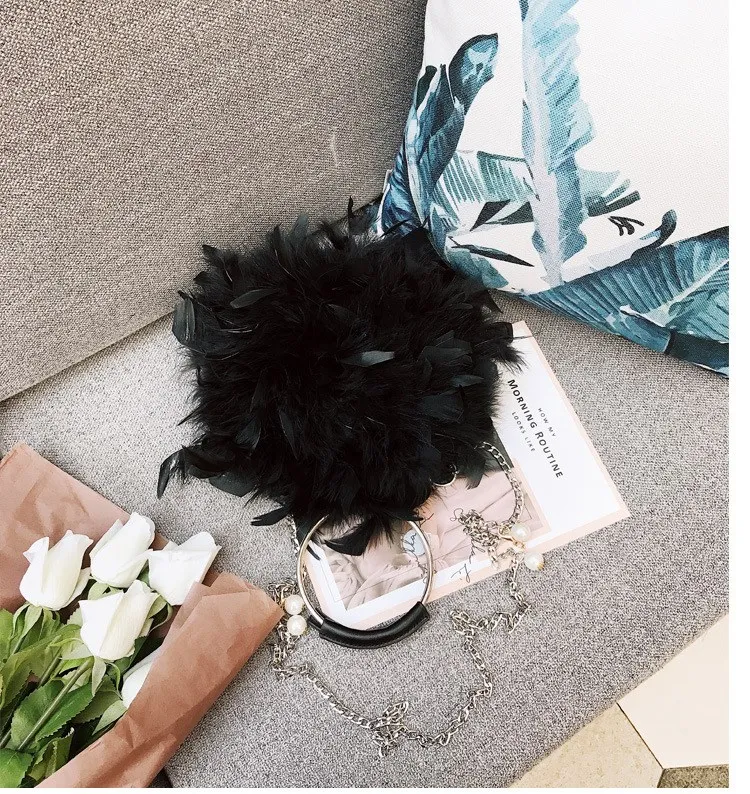 Blascher New 2018 Autumn New Furry Women's Messenger Bag Round Plush Bag Magnetic Buckle Ostrich Feather Chain Ring Bag SQ13 (4)