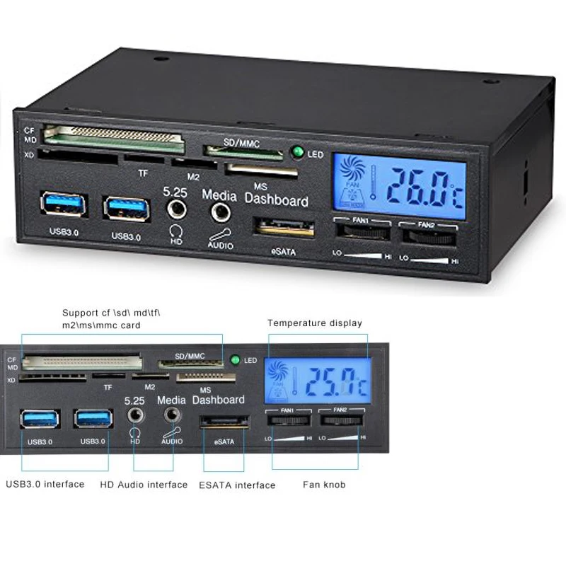 

5.25" Drive bay All in One 1 USB Internal Multi Card Reader Writer with fan speed controller for Mini Micro SD MMC MS