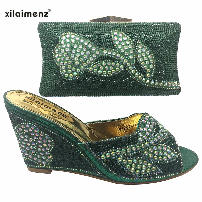 

High Quality 2019 New Style Italian Women Matching Wedding shoes and Bag Green Color with Crystal for Royal Party