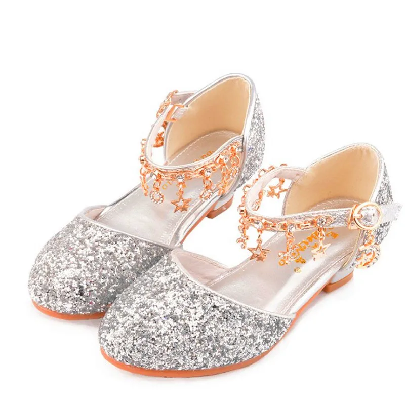 

Size 26-38 New Girl High Heels Children 18K Gold-plated Crystal Chain Fashion Princess Shoes Girls Wedding Banquet Dancing Shoes