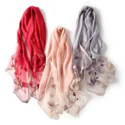 Лидер продаж Этническая натуральный шелковый шарф вышитые большой солнцезащитные Платки для женщин Женский длинный платок обертывания