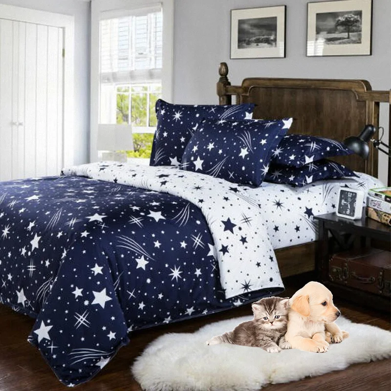 

3 Piece/Set Single Bedding Sets for Kids Boys Soft Polyester Fabric Blue 3D Stars Reactive Printing Duvet Covers Fitted Sheet