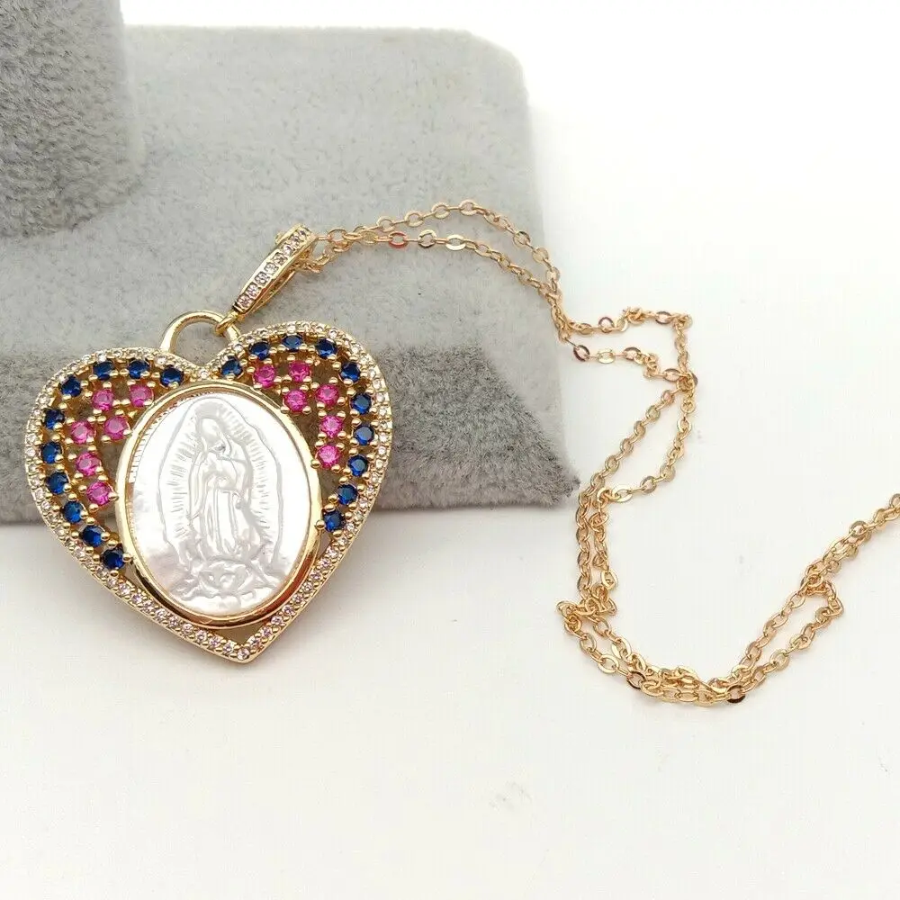 

White Shell Virgin Mary Rainbow CZ Micro Pave Heart-Shaped Pendant necklace