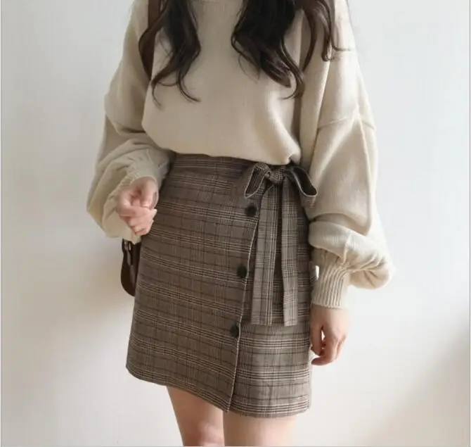 

Saia Sale Natural Knee-length Plaid Bow Cotton Casual Saia Midi 2019 Korean Version Spring Sweet New High Waist A-line Skirt