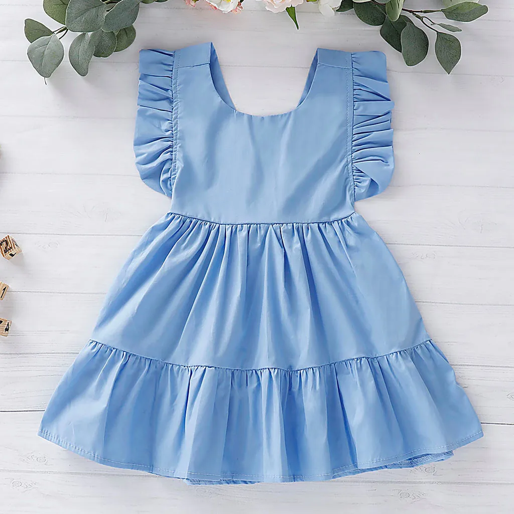 

Baby Kid Girl Toddler Soild Fly Sleeve Ruffle Party Princess Dresses Clothes Cute Princess Dresses Summer