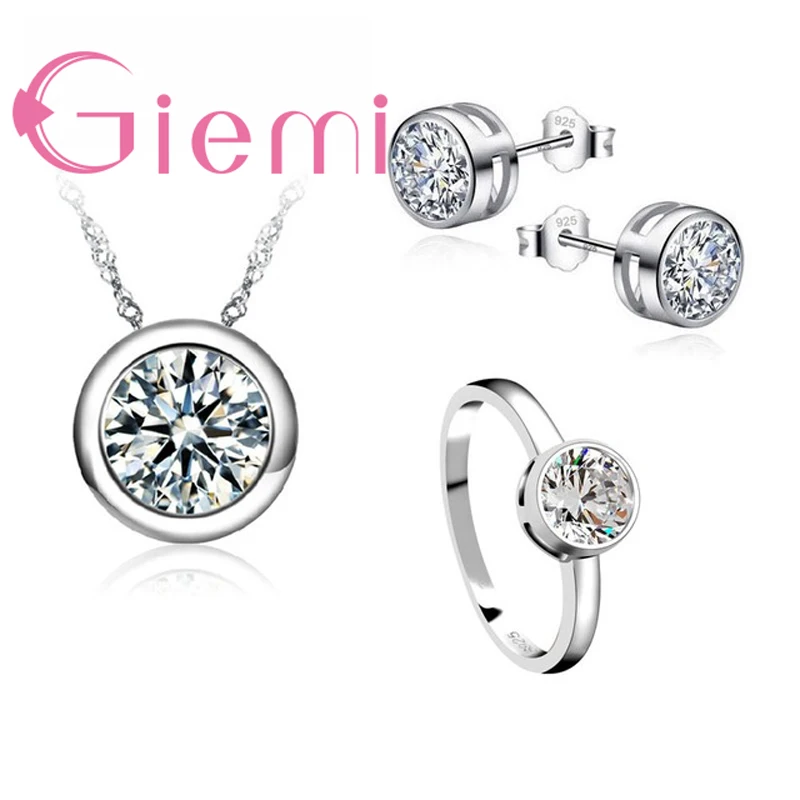 

New Trendy Classic Women Engagement 925 Sterling Silver Shinny CZ Wedding Necklace/Earring/Ring Jewelry Sets For Women