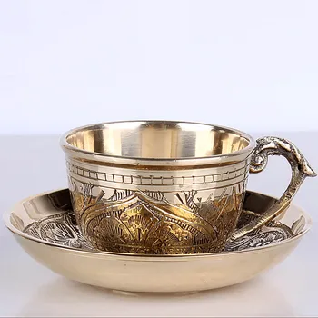 

High Quality Coffeware Sets Solid Copper Hand-made Arabic Indian Solid Copper Tea Cup Coffee Cup with Copper Pad Random Pattern