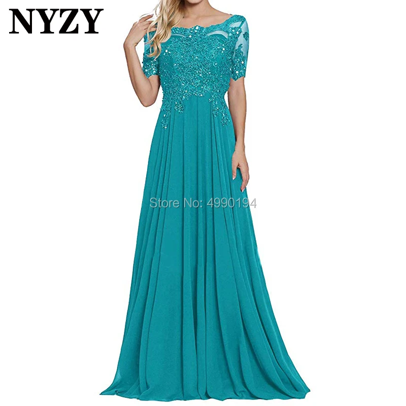 

2019 Short Sleeves Turquoise Mother of the Bride Dresses NYZY M213 Chiffon Lace Formal Dress Party Gown Vestido De Festa Longo