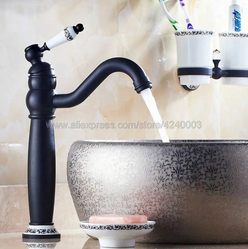 

Oil Rubbed Bronze Basin Faucets Deck Mounted Bathroom Sink Faucet Single Handle Swivel Hot Cold Mixer Water Tap Knf506