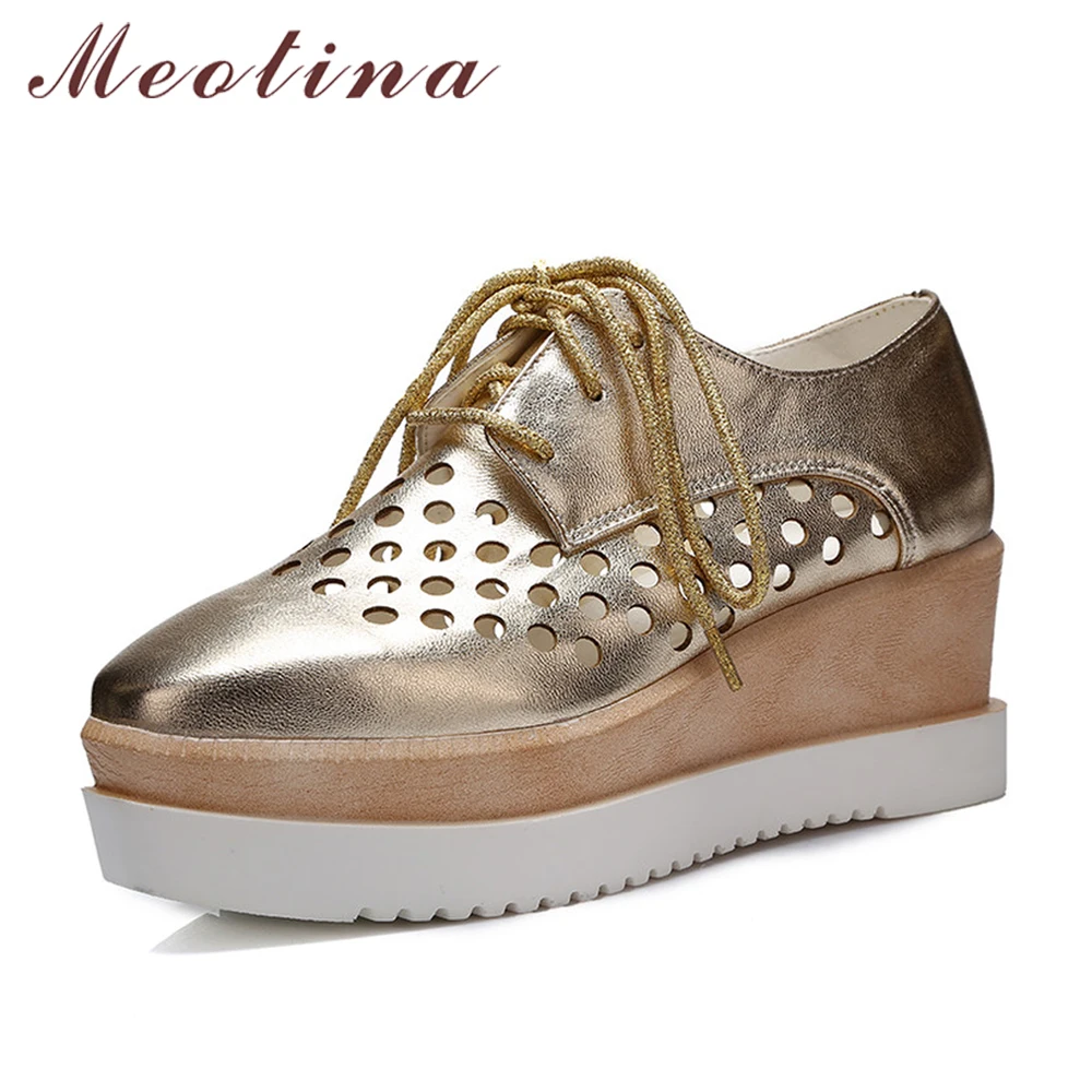 

Meotina Women Pumps Autumn Square Toe Casual Platform Wedges Female Lace Up Cutout Gold Black White Pink Shoes Plus Size 9 10