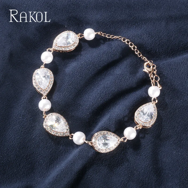 

RAKOL Fashion Bright Water Drop Zirconia Crystal & Imitation Pearl Chain Bracelets Bangles For Women Dropshipping Jewelrey