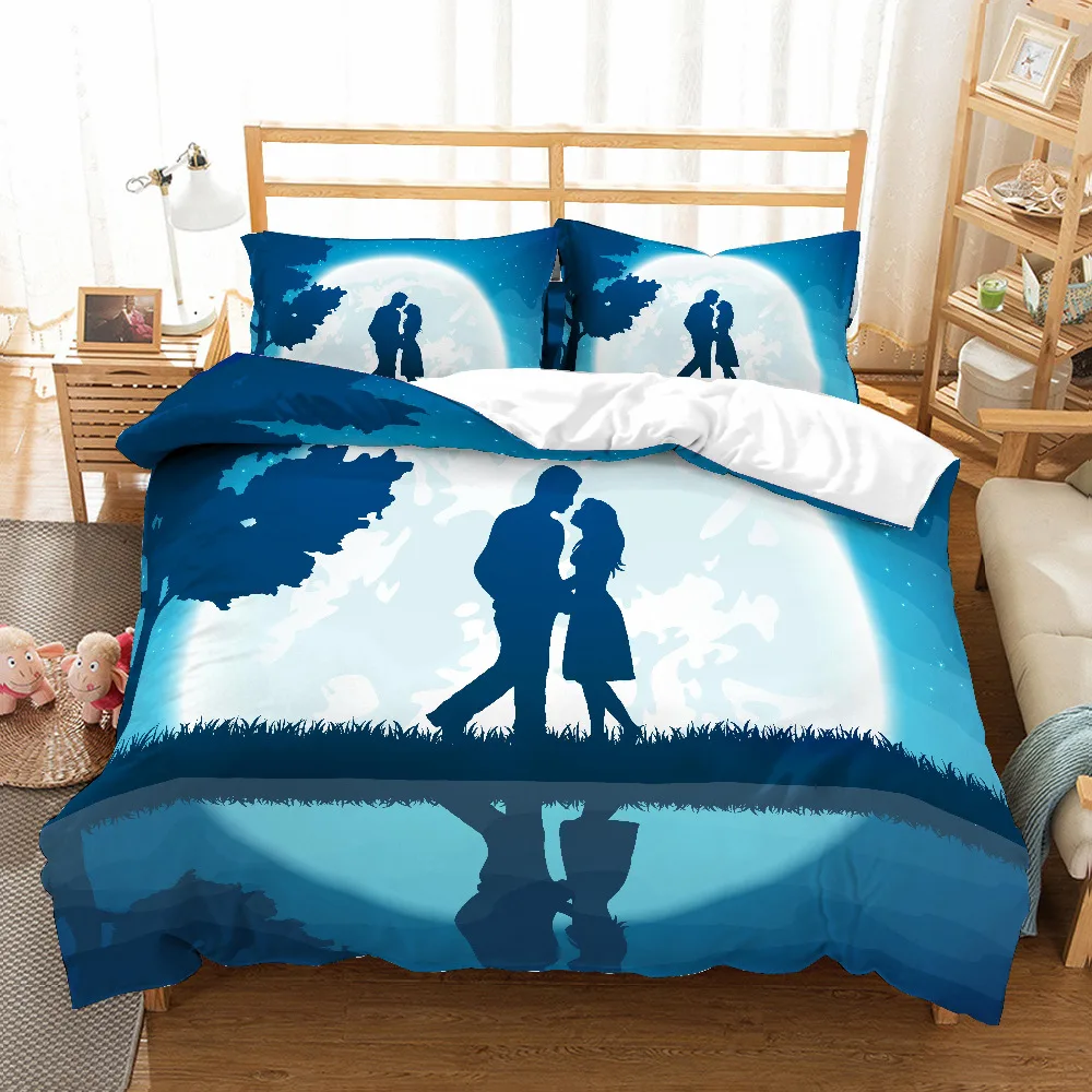 

MUSOLEI 3D Duvet Cover Set Valentine's Day Present lovers kissing under the moonlight Bed Sheet Twin queen king