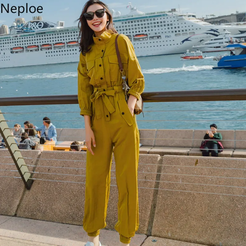 

Neploe Pockets Sashes Rompers Women Jumpsuit Spring 2019 New Turn-down Collar Playsuit Loose Solid Safari Style Bodysuit 43327