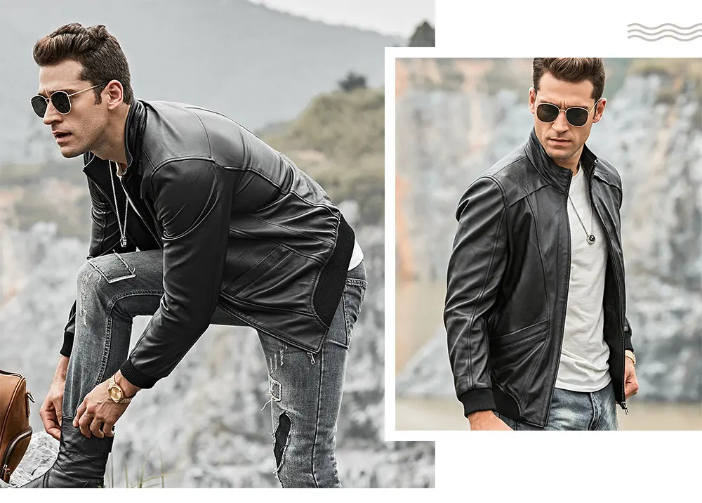 mens cowhide jacket FLAVOR Men's Real Leather Jacket Men Lambskin Motorcycle Genuine Nappa Leather jacket with Standing Collar Coat sheepskin leather coat