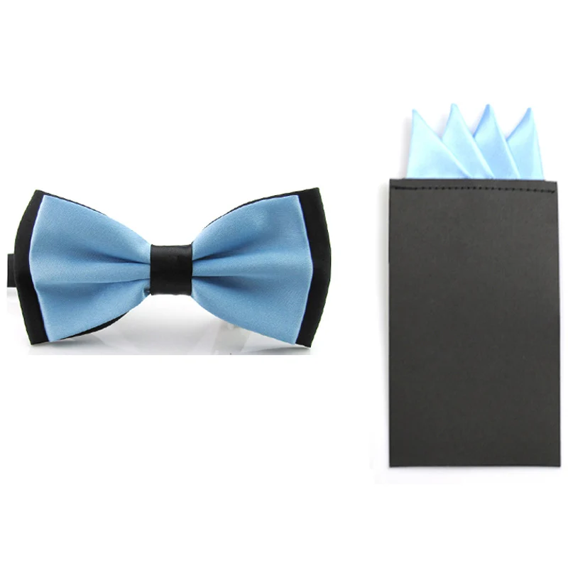 Light Blue Мужской Атласный однотонный галстук-бабочка предварительно складной карманный квадратный галстук-бабочка Hanky Set SETBW0034 - Цвет: Light Blue