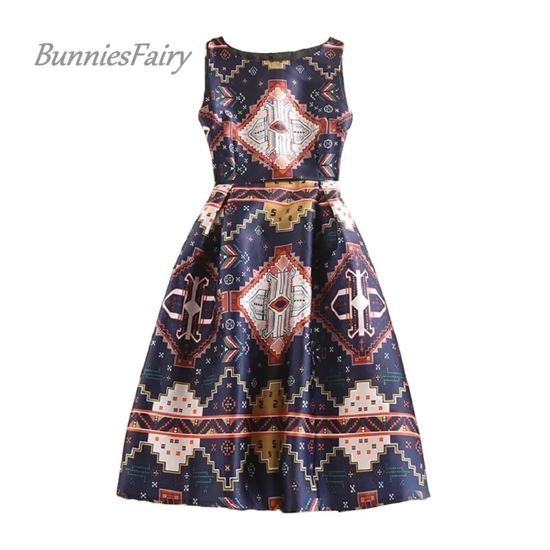 

BunniesFairy Brand 2019 Spring New Vintage Geometric Figure Print High Waist Vest Dress Women Brand Clothing Plus Size Robe XXXL