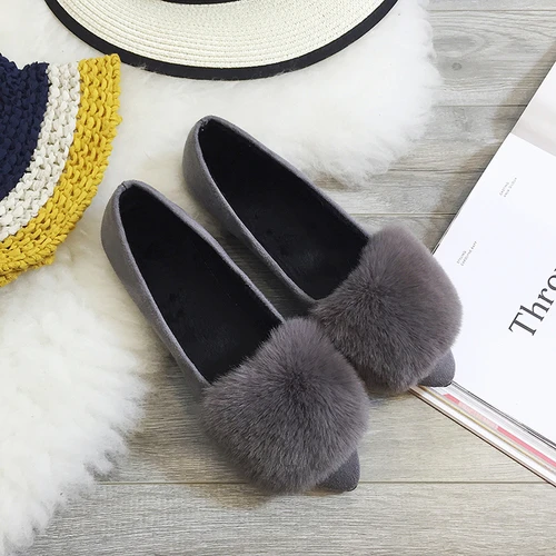 Korean version of the spring new pointed hairy women single shoes peas casual flat shoes students flat with women's shoes - Цвет: gray