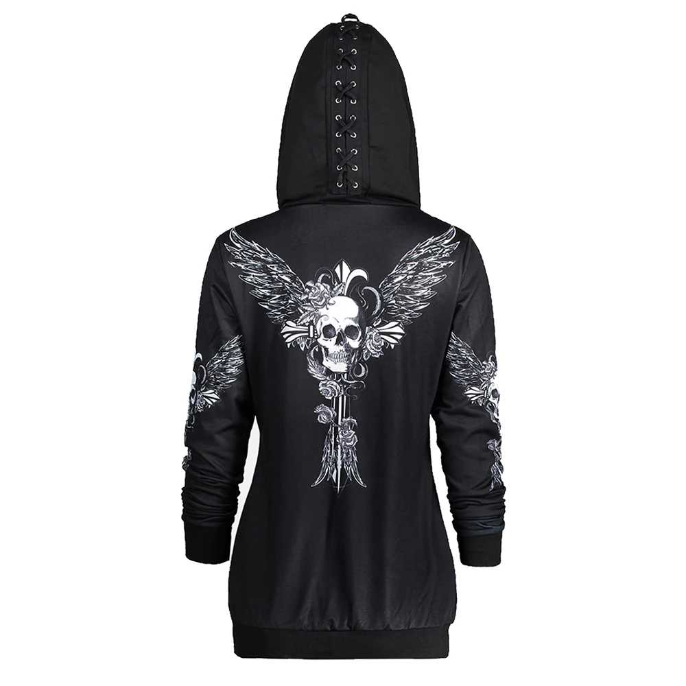 

Gamiss Hoodies Sweatshirt Women Lace Up Hat Skull Wings Print Zip Up Hoodie Punk Style Femme Casual Hooded Pullover Women Top