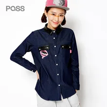 PASS 2017 New Arrival Women Spring Blouse Fashion Cartoon Stamp Double Pocket Blouse Female Polo Collar Blouse