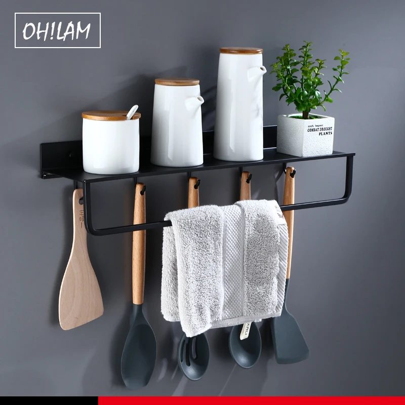 

Kitchen Organizer Towel Holder Kitchen Shelf Cling Film Sauce Bottle Storage Rack Pot Shovel Hooks Tin Foil Storage Accessories